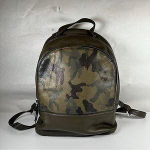 Margot Leather Backpack in Olive with Camo Print Front.